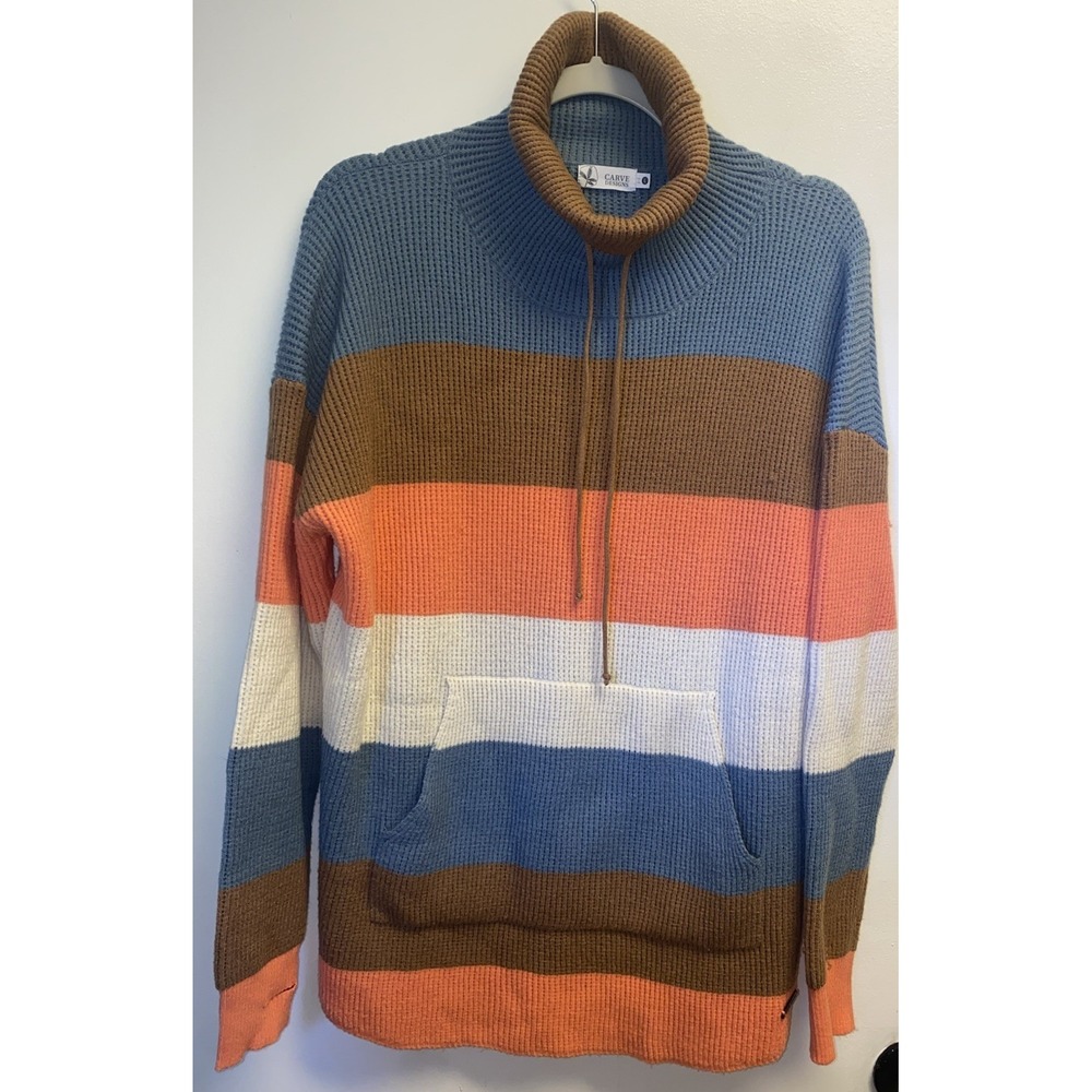 Carve Designs Rockvale Sweater Cowl Neck Striped Pocket Coral Bold Stripe Large